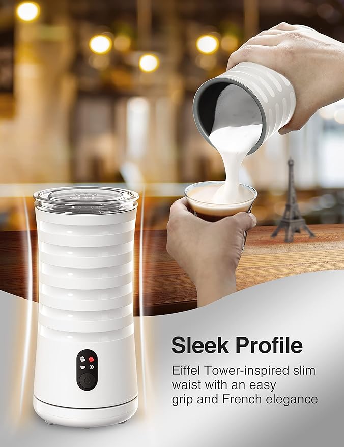 Milk Frother, Automatic Milk Frother Machine 4 in 1 Functions Milk Frother Machine for Coffee, Hot Chocolates, Latte, Cappuccino, Milk Frother 240ml, White