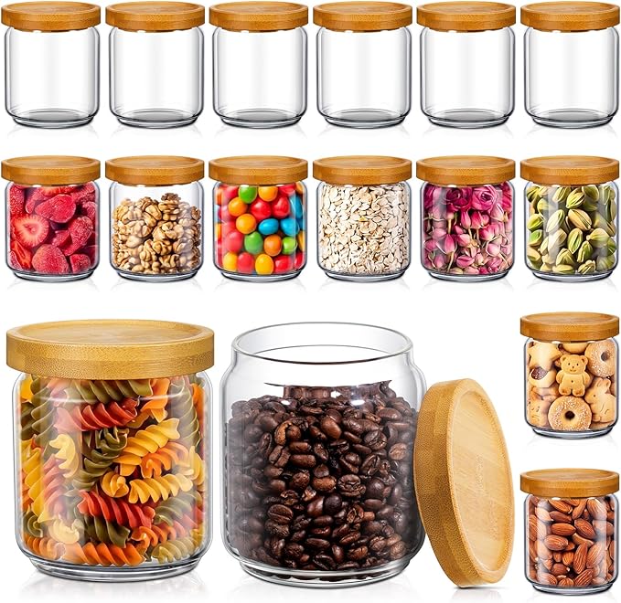 Irenare 16 Pack Glass Containers Canister Set, 17 oz Food Storage Spice Jars with Airtight Lids, Clear Kitchen Containers for Coffee Sugar Tea Beans Nuts Candy Pantry Organization (Bamboo)