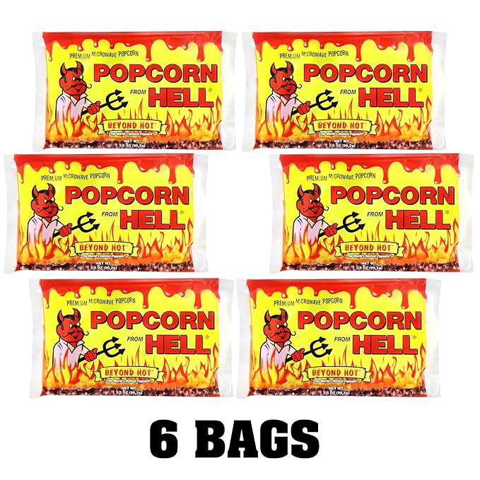 Popcorn from Hell 6 Bags - Ultimate Spicy GARLIC Gourmet Popcorn Gift - Makes a Great Movie Theater Popcorn or Snack Food for Movie Night