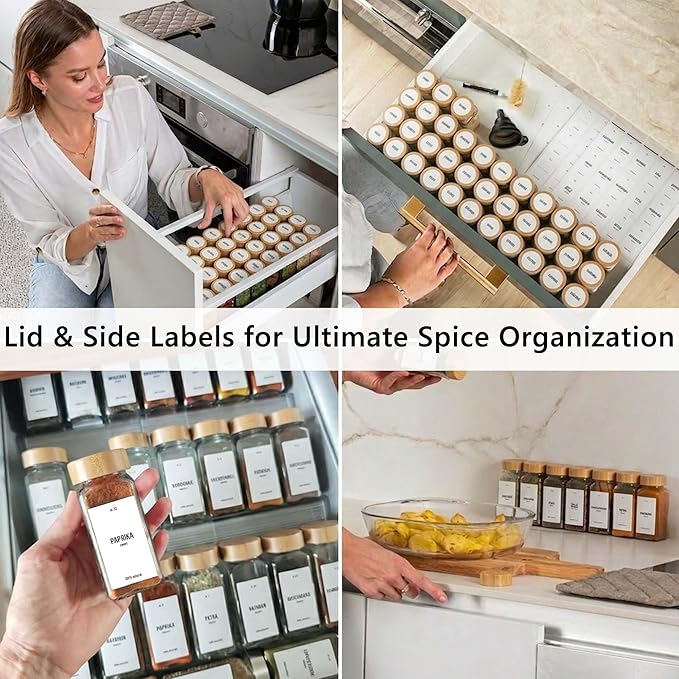 Deco haus Glass Spice Jars with Label 36x4oz [WHITE LABELS incl] Spice Containers with Labels, Shaker Lids & Funnel - Empty Herb Seasoning Containers, Small Seasoning Bottles for Herb with Lid