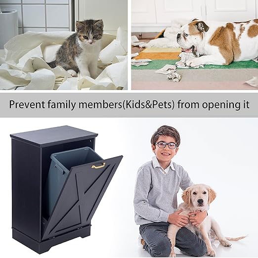 13 Gallons Tilt Out Trash Cabinet, Hidden Trash Can Cabinet Wooden Tilt Out Pet Proof Hidden Trash Bin Cabinet for Kitchen (Black)