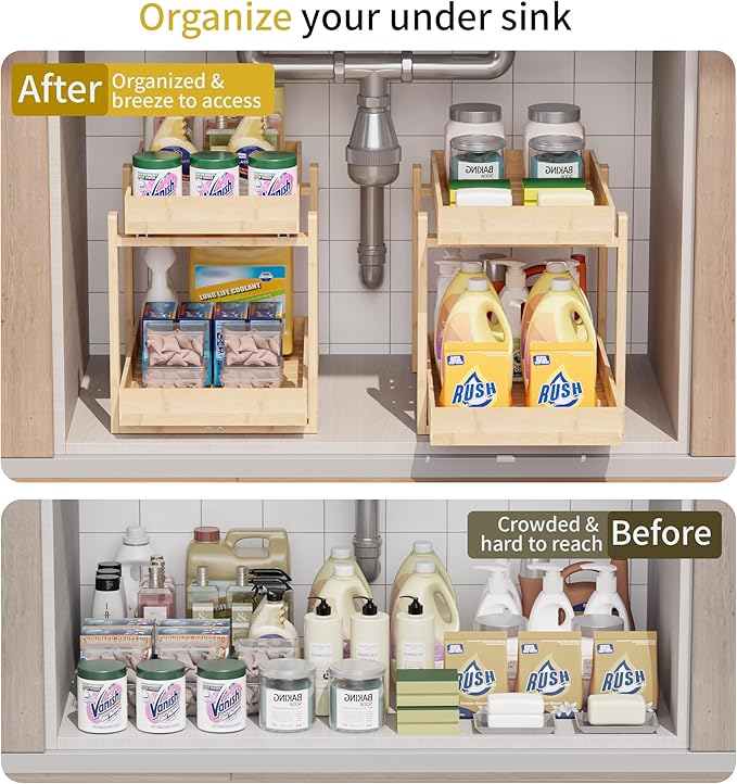 Bamboo Wood Under Sink Organizer 2 Pack, Pull Out Cabinet Organizer 2 Tier Under Sink Organizers and Storage with Sliding Drawer Sturdy Easy Assembly for Kitchen Bathroom Undersink, Natural