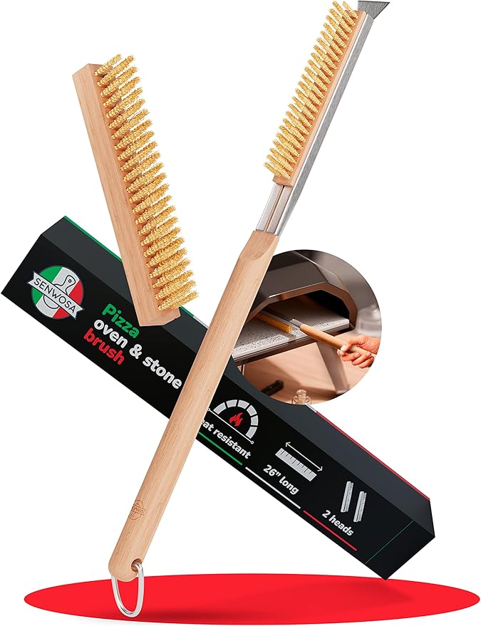Senwosa 26” Pizza Oven Brush with Stone Scraper - Heat Resistant Stainless Steel Bristles, Extra Long Handle - Compatible with Ooni, Gozney & Similar Ovens - Includes Spare Head