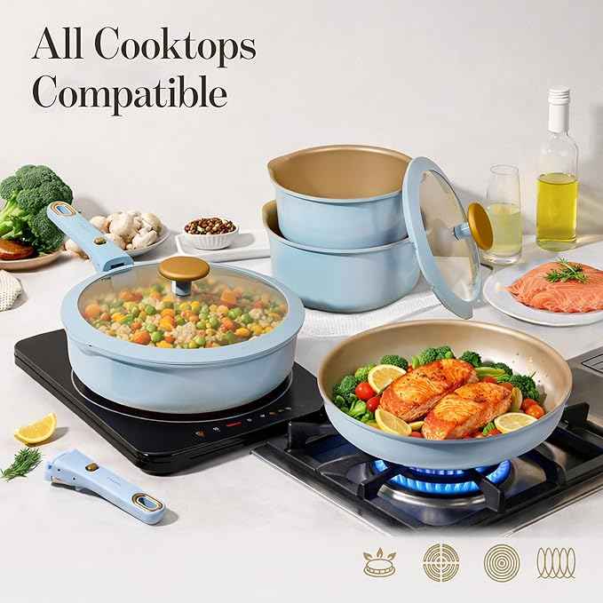 CAROTE 18Pcs Titanium Reinforced Nonstick Pots and Pans Set, Nonstick Cookware Set with Detachable Handle, Induction Kitchen Cookware Sets Removable Handles, Dishwasher Safe, Oven Safe, Blue