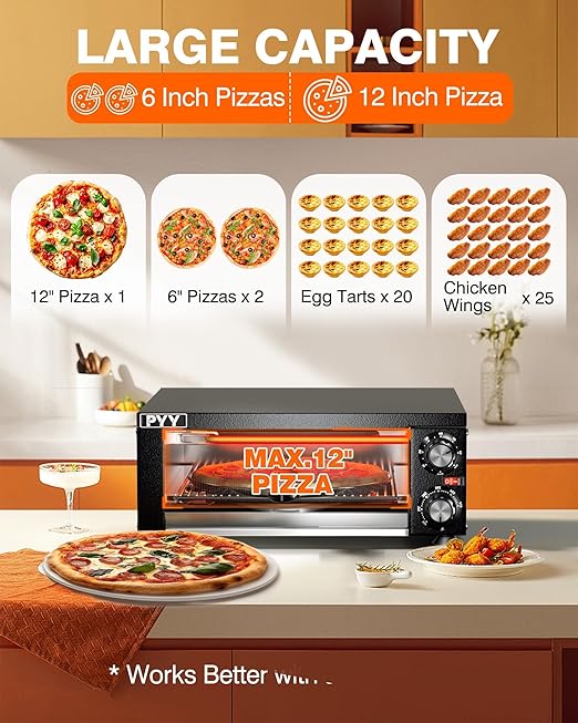 PYY Electric Pizza Oven Indoor Countertop Pizza Oven Commercial Pizza Maker Machine for Home with Timer Stainless Steel Pizza Cooker,Dark Black