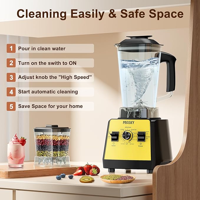 Blenders for Kitchen, Smoothie Blender, 2400W/1000W Prasky Blender & Grinder Combo, 25,000 RPM High Speed, 68oz BPA-Free Food Processor, Countertop Blender for Smoothies, Shakes & Food (Yellow, 2L)