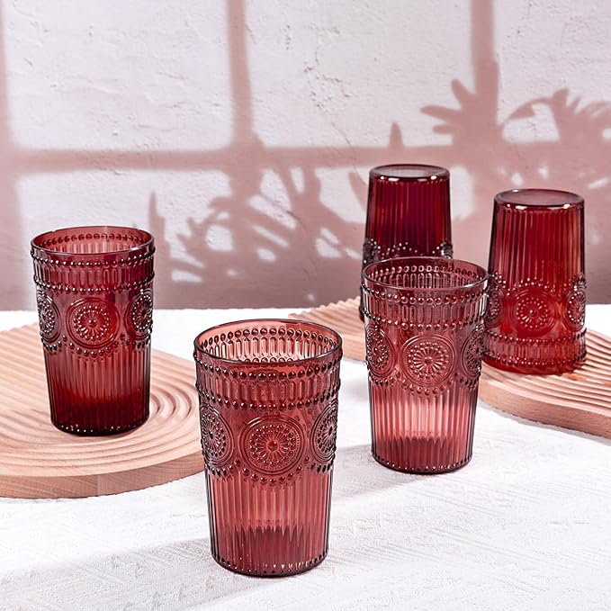 Ciaell 12 Pack Romantic Plastic Water Glasses - 14 Oz Burgundy Vintage Drinking Glasses, Embossed Ribbed Plastic Cups, Textured Striped Set for Juice, Beverages, Beer, Cocktail