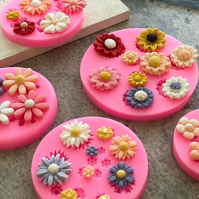 5Pcs Daisy Flower Molds Silicone Small Flower Chocolate Molds Sunflower Fondant Cake Candy Candle Resin Soap Ice Cube Mold for Baking