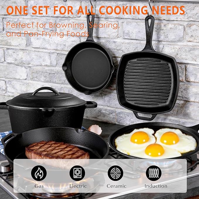 6 Piece Pre-Seasoned Cast Iron Cookware Set – Incl. 5QT Dutch Oven with Lid, 8'' and 10.25'' Cast Iron Skillets, 10.5'' Round Griddle, and a Square Grill Pan for Kitchen, Stovetop, & Camping