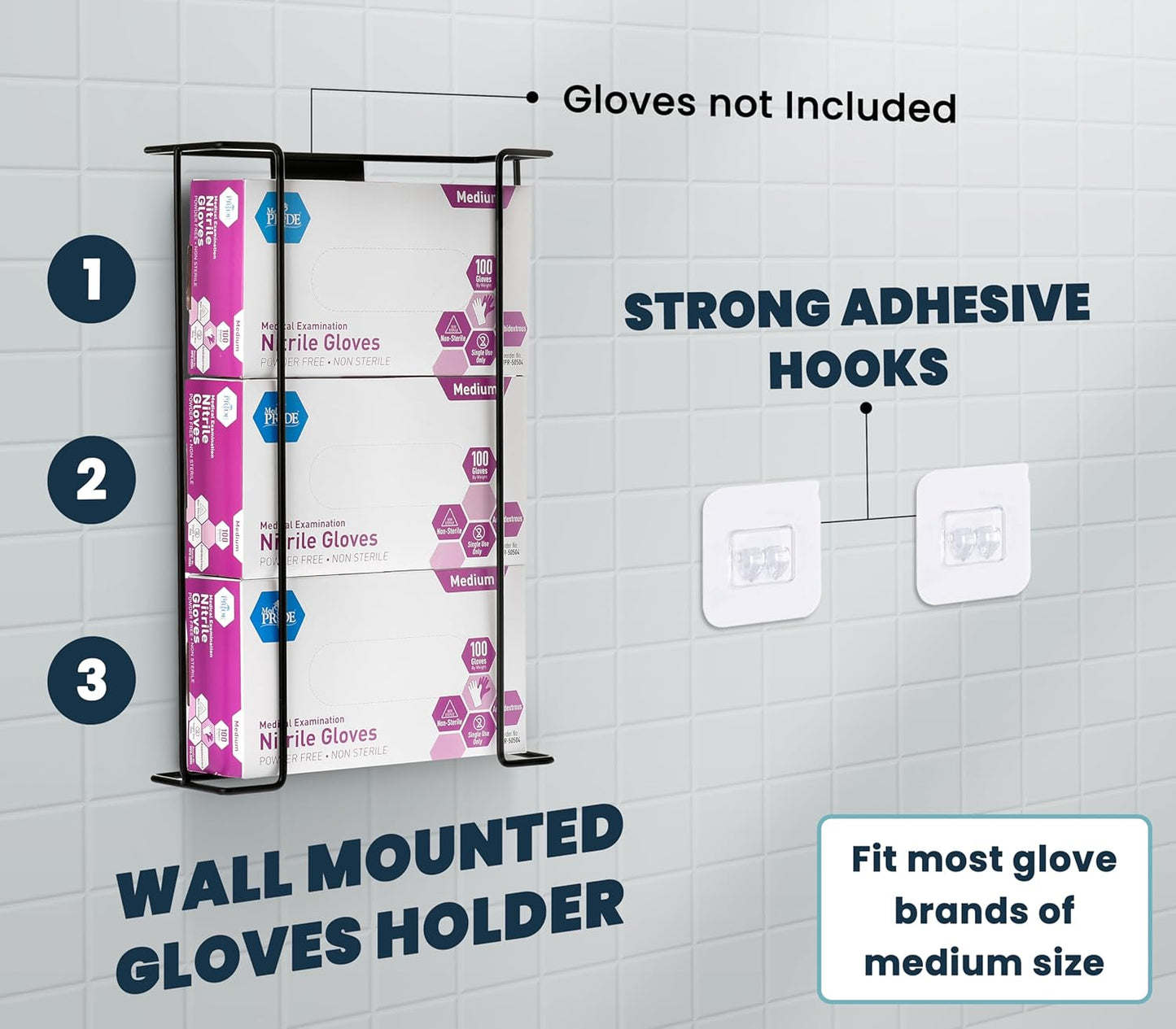 Alpine Glove Holder for Wall Mount - Latex Glove Holder Wire Glove Dispenser for Wall Disposable Glove Box & Tissue Box - Fits 3 Boxes (Black)