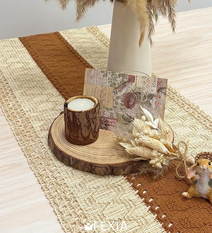 FEXIA Boho Table Runner for Home Decor with Tassels 108 Inches Long,Caramel Farmhouse Rustic Table Runner Macrame Burlap Table Decoration for Living Room Bridal Shower(12x108 Inches)