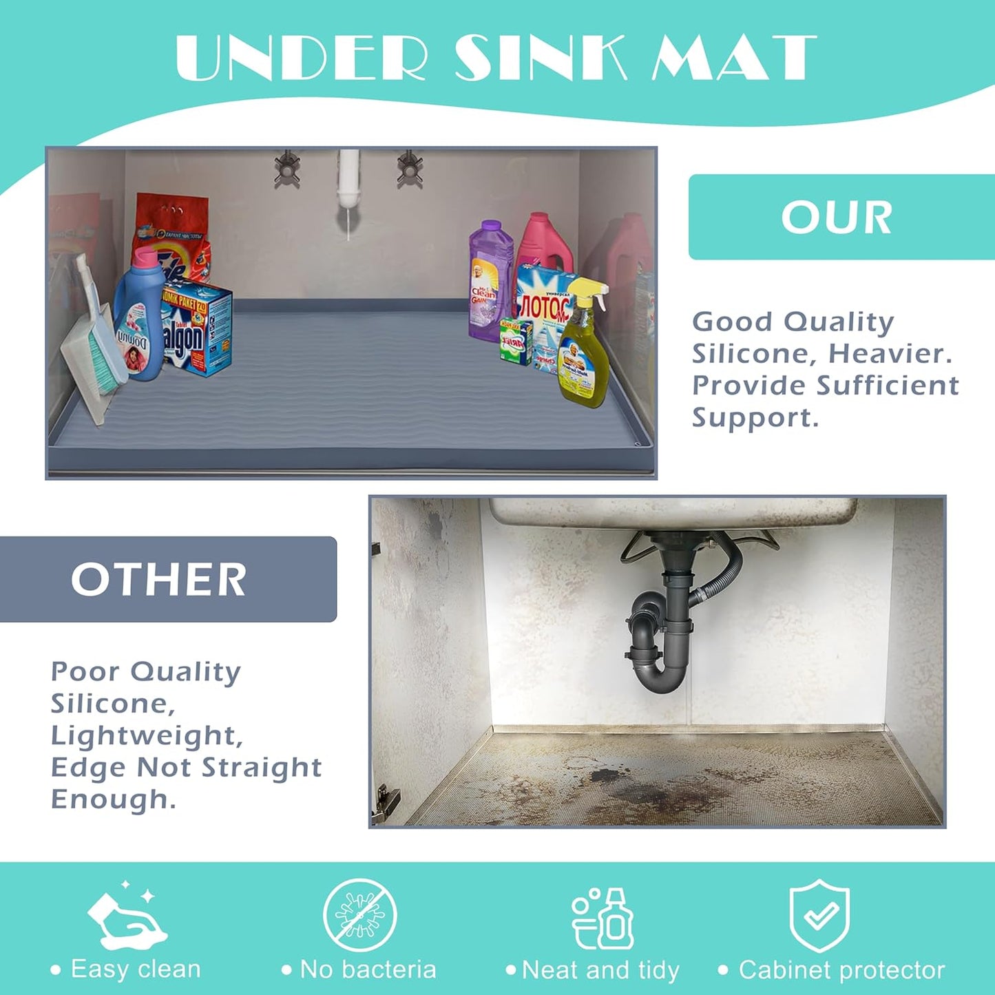URMONA Waterproof Silicone Under Sink Mat 19'' x 19'' Shelf Liner for Kitchen and Bathroom, Cabinet and Counter Protector, Storage and Organizers, Litter Mat, Pet Cat Puppy Essentials(Beige)