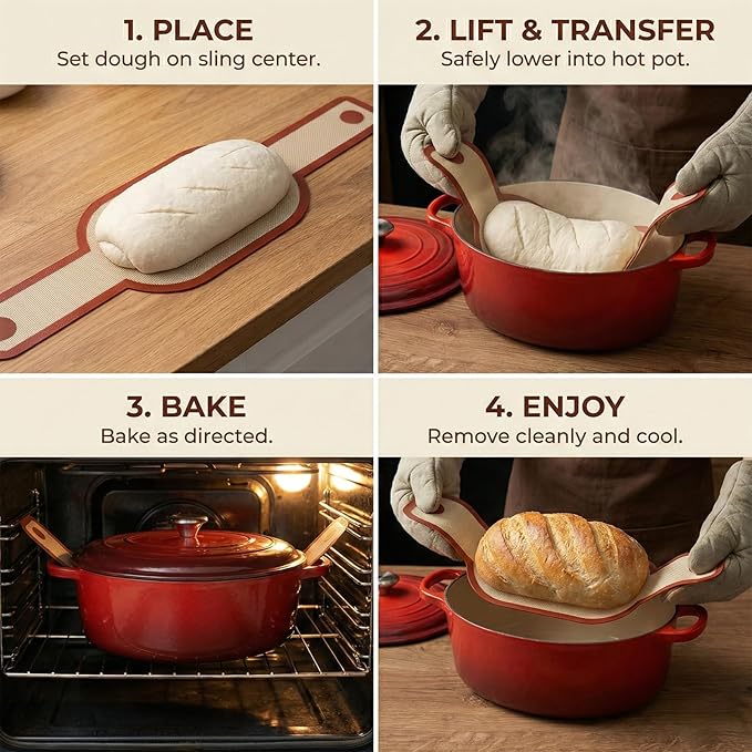 Silicone Bread Sling for Dutch Oven, 2-Pack Non-Stick Reusable Baking Mats with Long Handles, Easy Clean Sourdough Baking Supplies