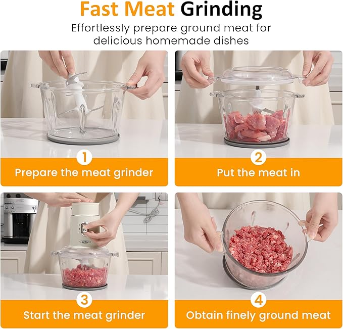 Sunvivi 250W Blender and Food Processor, 4 in 1 Electric Food Chopper for Grinding Meat, Peeling Garlic & Juicing, Variable Speed with 1.5L Glass Bowl & 2 Cups (0.4L+0.2L)