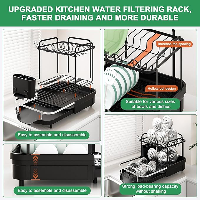 Dish Drying Rack for Kitchen Counter, 2 Tier Large Expandable Dish Drainer with Drainboard Set and Removable Utensil Holder, Space-Saving Countertop Organizer