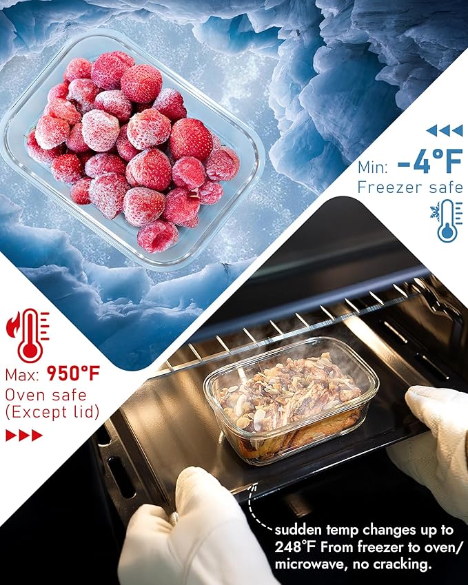 12-Pack Glass Containers with Tempered Lids – Borosilicate, Oven-Safe(-4°F~950°F), Airtight, BPA-Free, Multi-Size for Meal Prep, Dishwasher Safe (Blue)