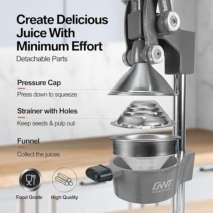 18 Inch Height Commercial Heavy Duty Cast Iron Hand Press Manual Orange Citrus Lemon Lime Grapefruit Pomegranate Fruit Juice Squeezer Machine with Stainless Steel Cup and Durable Base Grey