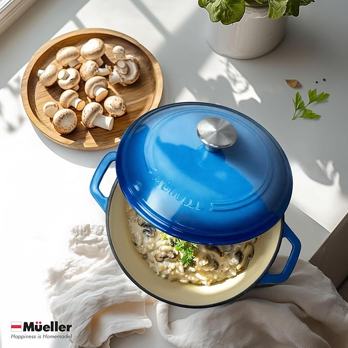 MUELLER HOME 4.5 QT Enameled Cast Iron Dutch Oven, Heavy-Duty Casserole Dish and Braiser Pan with Lid and Stainless Knob, Oven-Safe up to 500° F & Across All Cooktops, Aqua Blue