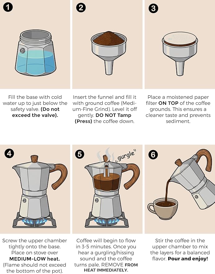 AGOGO Milano Moka Pot Stovetop Espresso Maker with 100 Paper Filters for Sediment-Free Coffee, Classic Italian Greca with Wood-Grain Handle,Cleaning Brush & Towel 6 Cup (10oz / 300ml) Silver