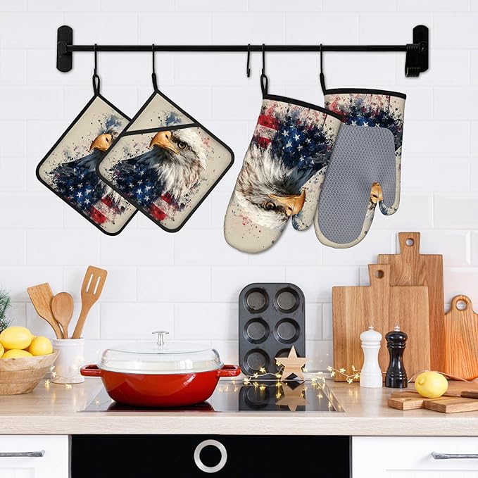 American Flag Eagle Oven Mitts and Pot Holders Sets 4Pcs Silicone Non-Slip Mitts Heat Resistant Gloves Hot Pads for Kitchen Cooking Baking Grilling BBQ