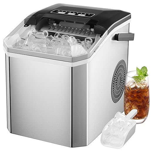Ice Maker Countertop, Portable Ice Machine with Carry Handle, Self-Cleaning Ice Makers with Basket and Scoop, 9 Ice Cubes in 6 Mins, 26 lbs per Day, 5 Sizes of Bullet Ice for Home Party Camping RV