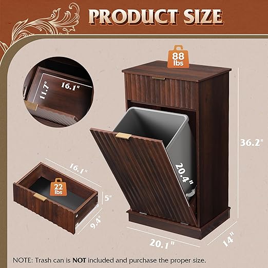 WLIVE 10 Gallon Trash Can Cabinet, Tilt Out Garbage Can Cabinet with Storage Drawers,Food/Clothes Storage Pet Proof Wooden Trash bin, Hidden Laundry Hamper for Kitchen, Home, Laundry (Brown)