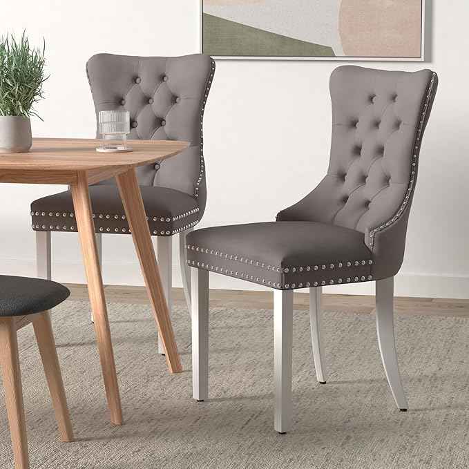 Dining Room Chairs Set of 4, Velvet Upholstered Dining Chairs with Back Ring Pull Trim and Sliver Stainless Steel Legs,Modern Dining Chair Perfect for Dining Room,Kitchen(Grey)