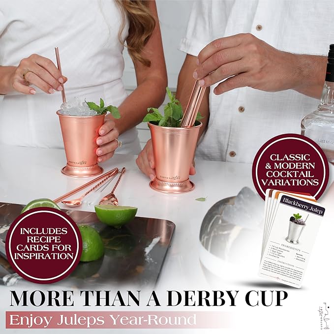 Gusto Nostro Mint Julep Cups Set of 4 - Stainless Steel Julep Cup Kit with Straws, Muddler, Spoon, Recipes, Vases - Southern-Style Cocktail Glasses for Home Bar - Stainless Steel Cocktail Cups (Rose)