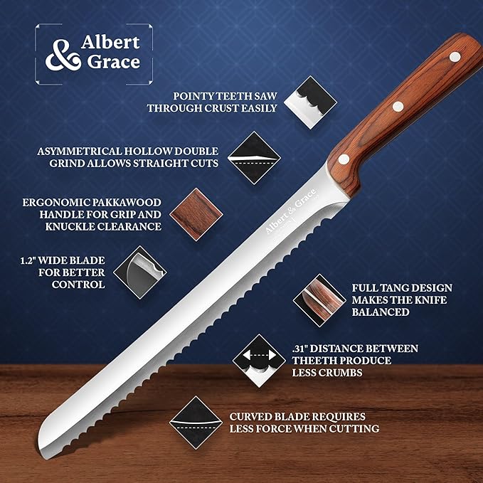 Albert&Grace 10.5-Inch Serrated Bread Knife with Full-Length Sheath – Ultra Sharp, Low-Crumb Slicing for Sourdough, Homemade Bread & Bagels