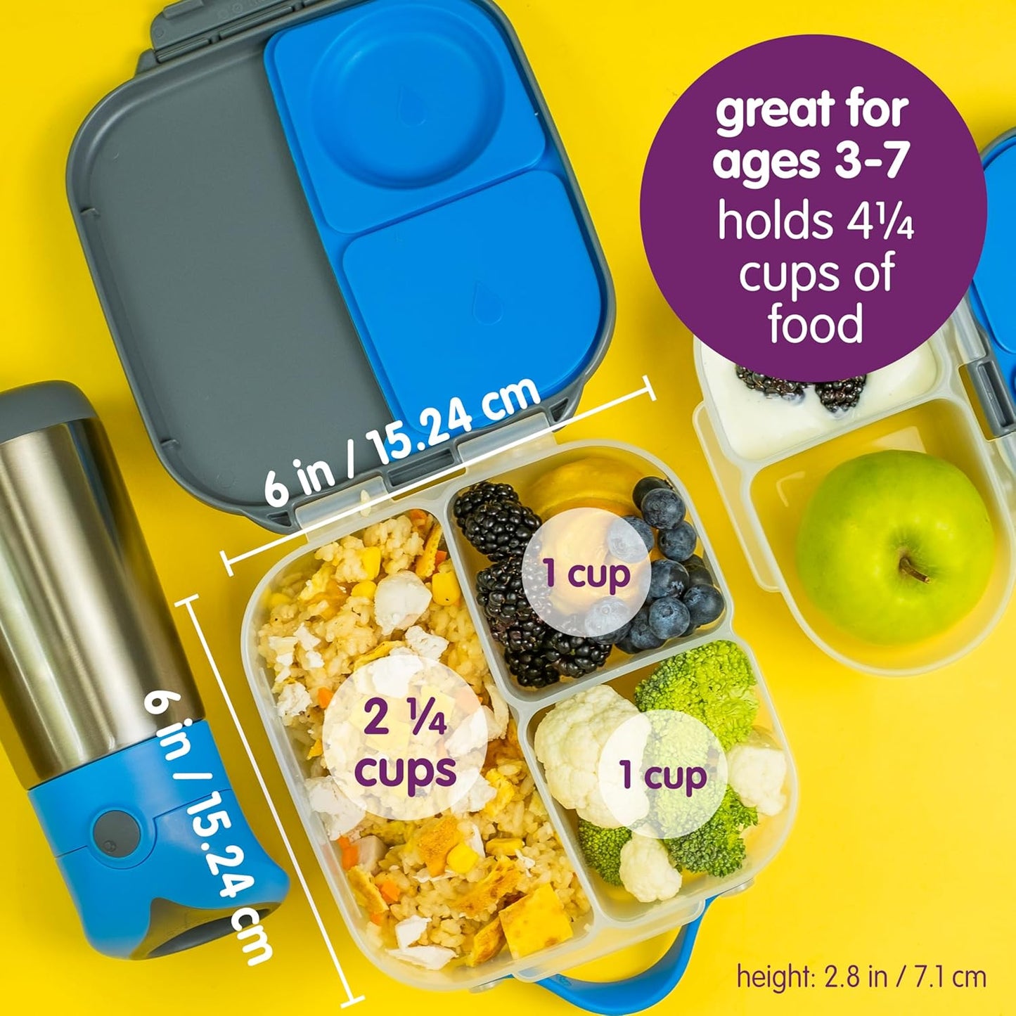 b.box Mini Lunch Box, Bento Box for Kids, Snack Container with 2 Leak Proof Compartments, Reusable Snack Containers with Lids, Kids Lunch Boxes Ages 3+, BPA Free, 4 1/4 Cup Capacity (Lilac Pop)
