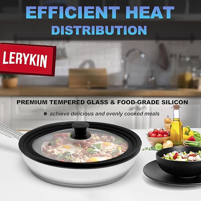 Lerykin Tempered Glass Lid Set of 2 - Universal Lids with Heat Resistant Silicone Rim for Pots, Pans and Skillets - Pan Cover Replacement Lids Fit 6.5", 7", 8" and 9.5", 10", 11" Diameter Cookware