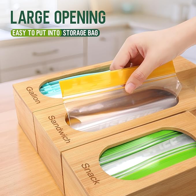 Individual Storage Bag Organizer for Kitchen Drawer, Bamboo with Foil and Plastic Wrap Organizer for Kitchen Organizers and Storage, for Gallon, Quart, Sandwich, Snack