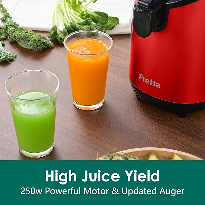 Cold Press Juicer,Fretta Juicer Machines with American-Sourced PCTG Material and 5.3" Extra Large Feed Chute,Fit Whole Fruits & Vegetables,BPA Free 250W(Red,1.8L)