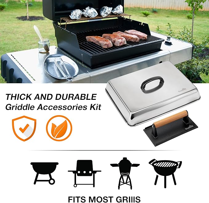 Stanbroil Melting Dome & Grill Press Kit- Stainless Steel Basting Cover Cheese Melting Dome with Cast Iron Burger Bacon Press for Flat Top Griddle Grill Indoor/Outdoor
