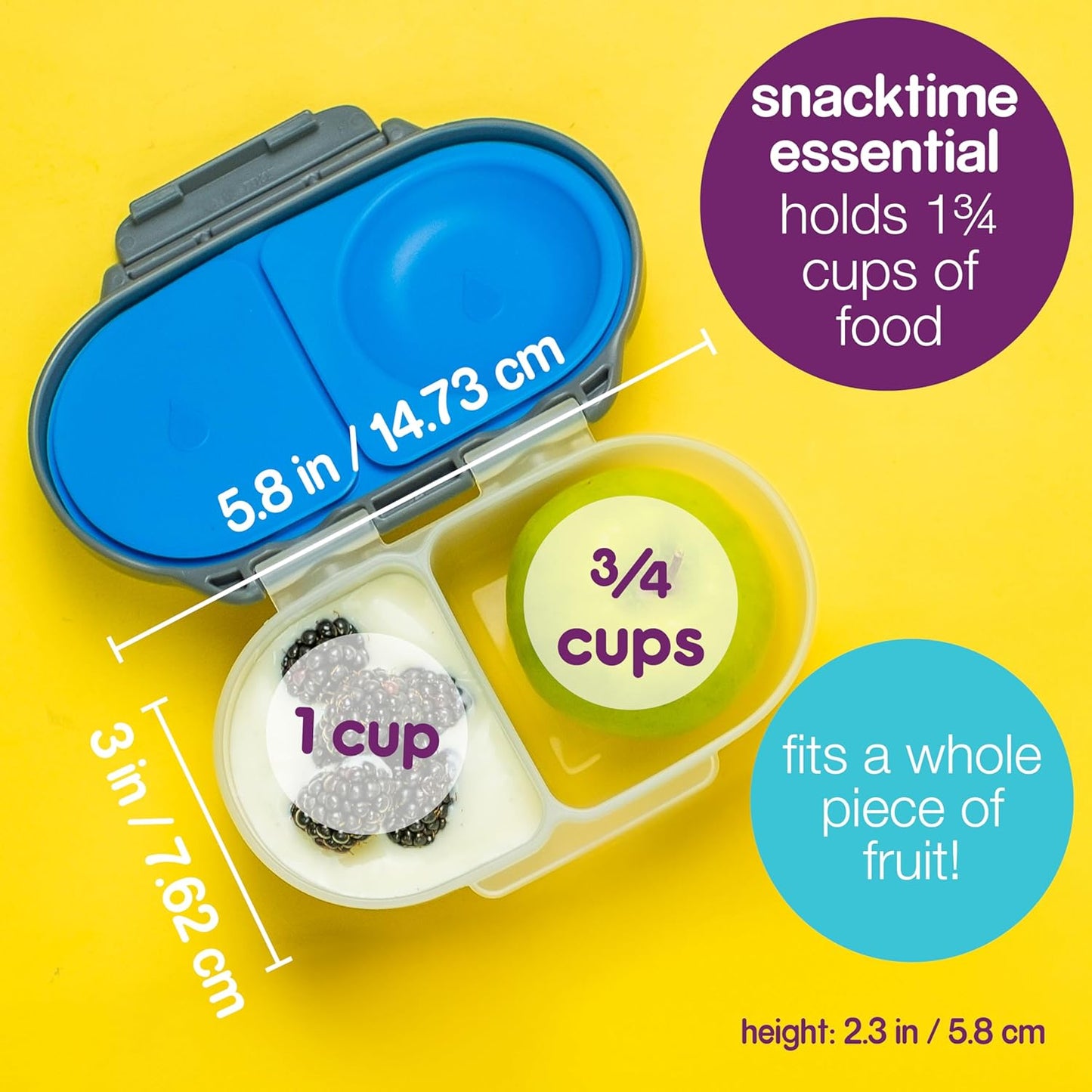 b.box Snack Box Reusable Snack Containers with Lids 2 compartments, Bento Box for kids and toddlers, Leakproof Lunch Box, BPA free and Dishwasher Safe Snack Container (Midnight, 1 3/4 Cup)