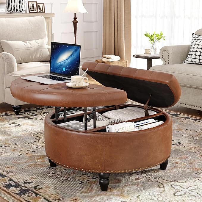 30 Inch Large Round Ottoman with Storage, Modern Leather Ottoman Coffee Table with Lift Top, Upholstered Button Tufted Footrest Stool Toy Blanket Storage for Living Room, Brown