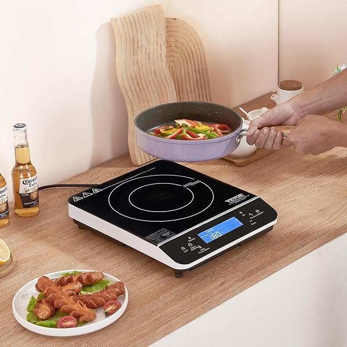 VEVOR Portable Induction Cooktop, 1500W Electric Induction Burner with 9 Temperature Settings, Countertop Induction Hot Plate with 4H Timer, 24H Reservation, Child Lock, Easy to Clean, for Cooking