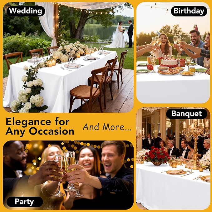 10-Pack White Tablecloths for Rectangle Tables, 70 x 120 Inches, Stain-Resistant Polyester Fabric for 6 Foot Tables - Washable Table Covers for Weddings, Banquets, Birthday Parties, Events