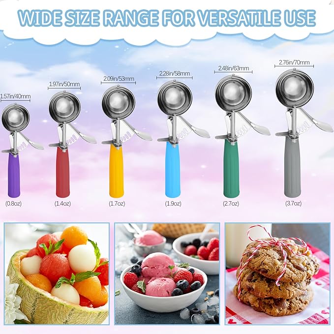 Hsei 6 Pcs Ice Cream Scoops Stainless Steel Cookie Portion Scoop with Handle for Baking Food Cookie Dough Cupcake Batter (Multi Color,40mm to 70mm)