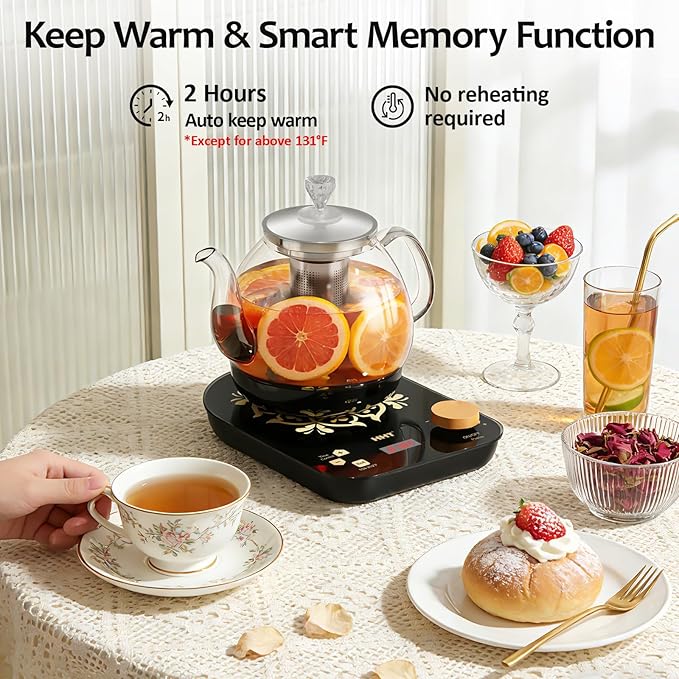 HHT Electric Tea Maker with Infuser, ±1℉ Precise Temperature Control, Glass Electric Kettle for Herbal,Flowers,Fruit Tea and Loose Leaf,BPA-Free,Auto Shut-Off,Brewing Program,Keep Warm,0.8L/27oz Black