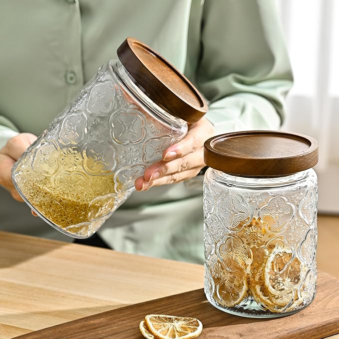 Adodeen 32oz Vintage Glass Jars With Lids, Airtight Food Storage Containers, Kitchen Canisters For Sugar, Coffee, Tea, Spice, Flour, Candy Cookie, Pasta, Cereal, Cute Decorative Jars