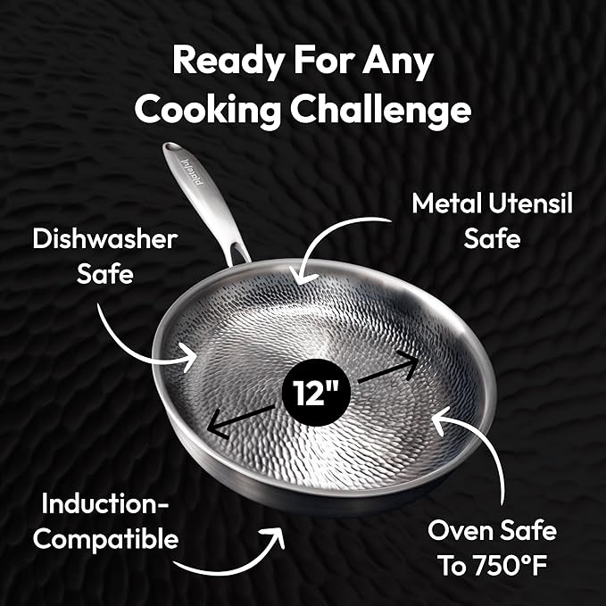 Plateful Titanium Pan For Cooking 12" - Pure, No Coating Non-Stick Titanium Cookware, Frying Pans, Hammered Pan, Safe For Oven, Induction & Cooktops Up To 750°F, Includes Lid
