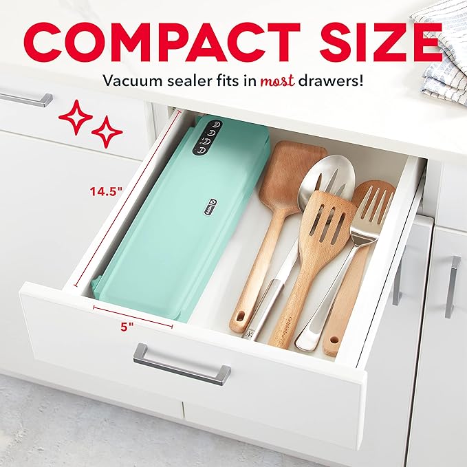 Dash SuperSeal Vacuum Sealer - Airtight Meal Packaging for Sous Vide & Safe Food Storage - Includes Single-Use & Reusable Bags - Aqua