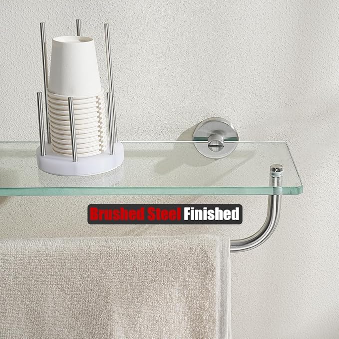 JQK Bathroom Glass Shelf, Shelf with 29 Inch Towel Bar Tempered Glass Shower Storage 30 by 5 inches, 304 Stainless Steel Brushed Finish Wall Mount, TGS100L30-BN