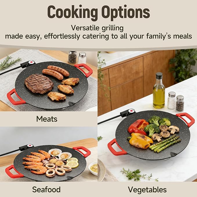 Non-Stick Electric Indoor Grill Pan, Large Round Electric Griddle & Smokeless Korean BBQ Grill Indoor - fast heating, portable, for burgers, pancakes & stovetop use (Large)