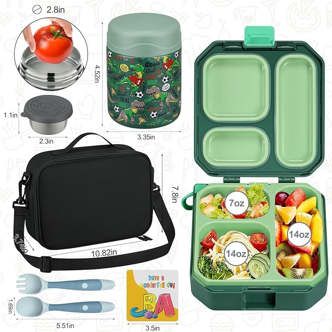 wiwens Bento Lunch Box for Kids with 12oz Soup Thermo Leak-Proof Lunch Food Container with 5 Compartment Thermo Hot Food Jar and Insulated Lunch Bag for Kid Toddler Girls Boys to School