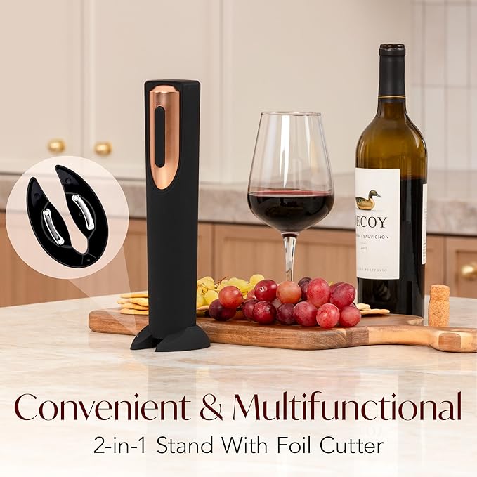 Electric Wine Opener Battery Operated with Stand and Built-in Foil Cutter - Automatic Wine Opener - Electric Corkscrew for Easy Cork Removal - Best Gift for Wine Lover (Black & Rose Gold)