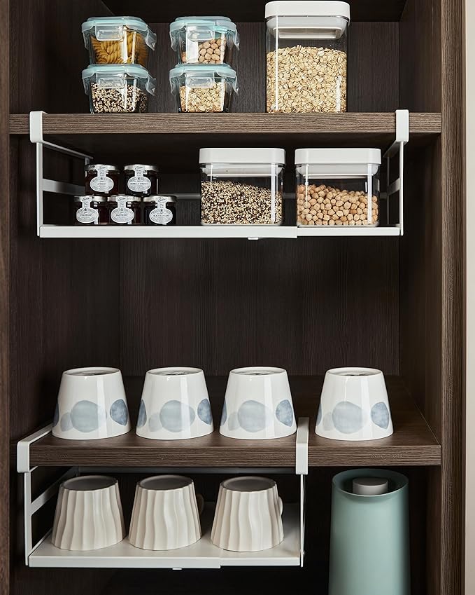 2Pack Under Shelf Storage Basket Organizer Expandable Width Add-On Space Saver Hanging Under Cabinet Pantry Kitchen Countertop Desktop Board Slide-In White Heavy-Duty Metal Higher & Wider Size