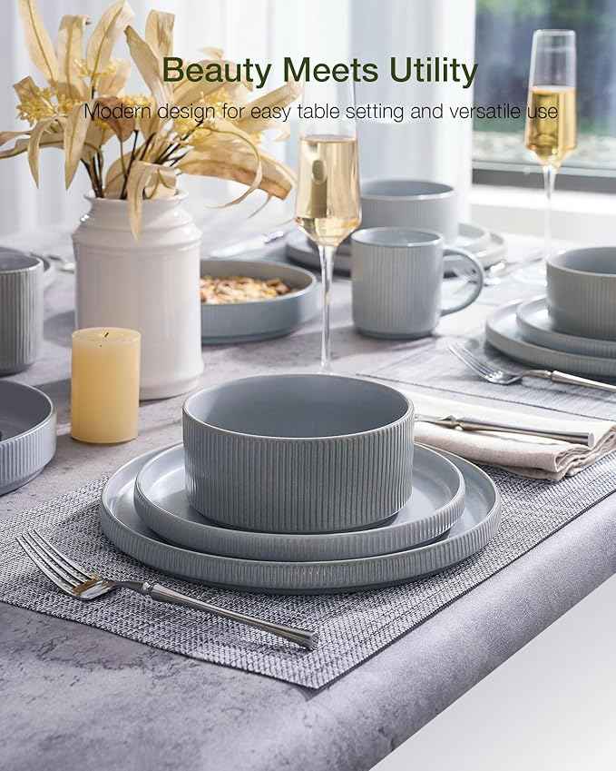 Famiware Star Dinnerware Set, Plates and Bowls Sets for 6 (18pcs), Ribbed Stoneware Dishes - Chip & Scratch Resistant, Microwave & Dishwasher Safe Kitchenware, Matte Gray