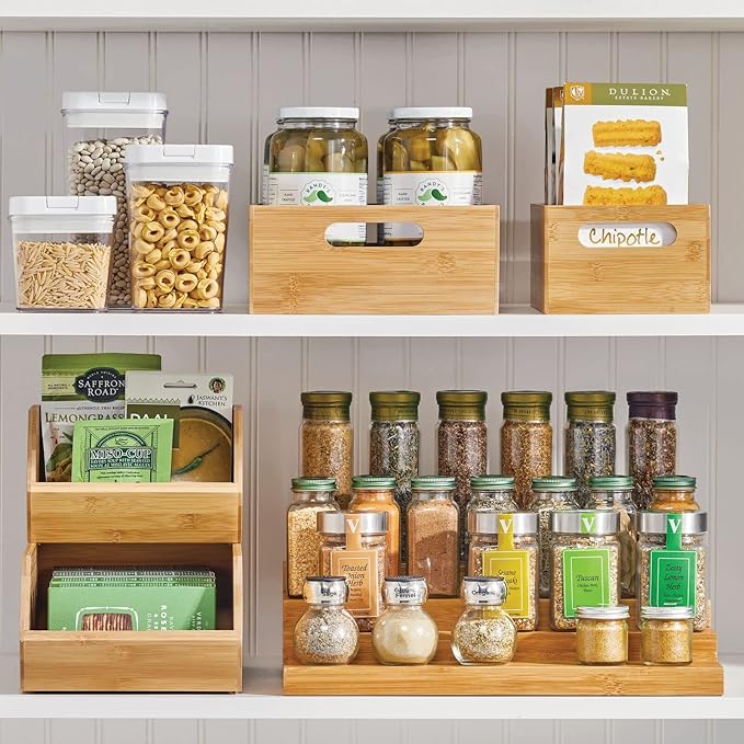mDesign Kitchen Storage Box - Large Wooden Box with Handles - Bamboo Kitchen Utensil Storage Box - 12" x 9" x 4" - Set of 2 - Nature